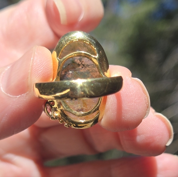 Moss Agate & Aquamarine Oval Sterling & Gold Statement Ring Sz7.5 - Picture 7 of 8